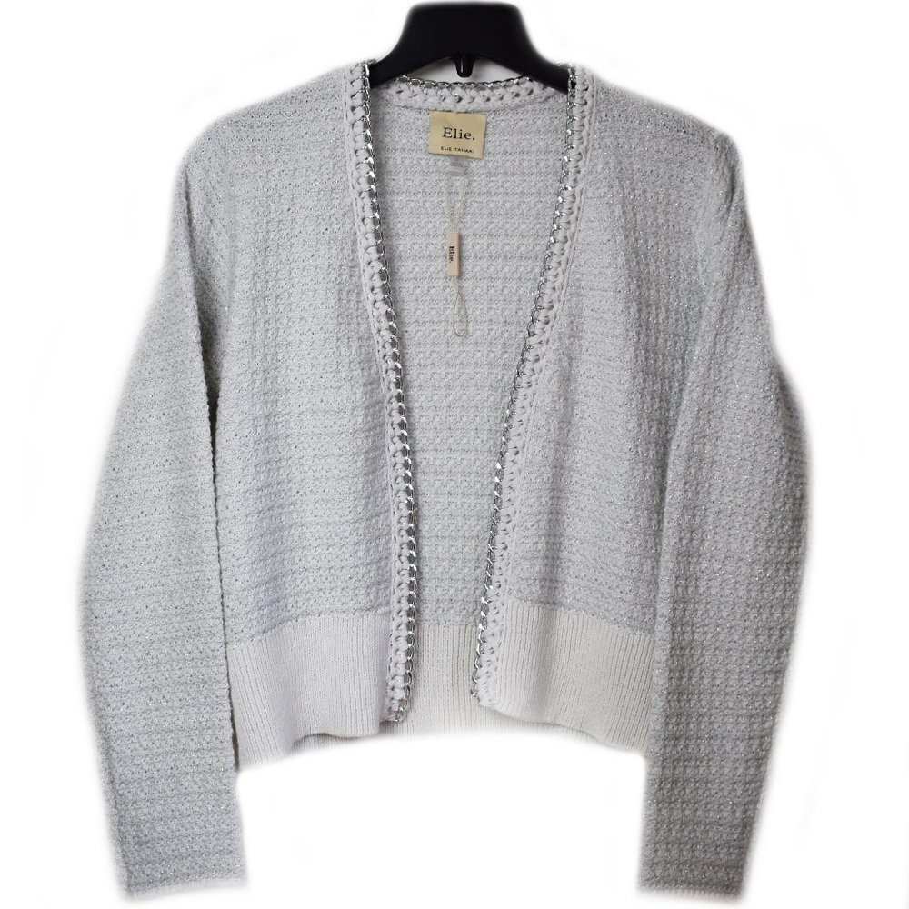 Elie Tahari Women’s Cardigan Silver Chain Trim Long Sleeve Jacquard Knit Jacket - Picture 2 of 4